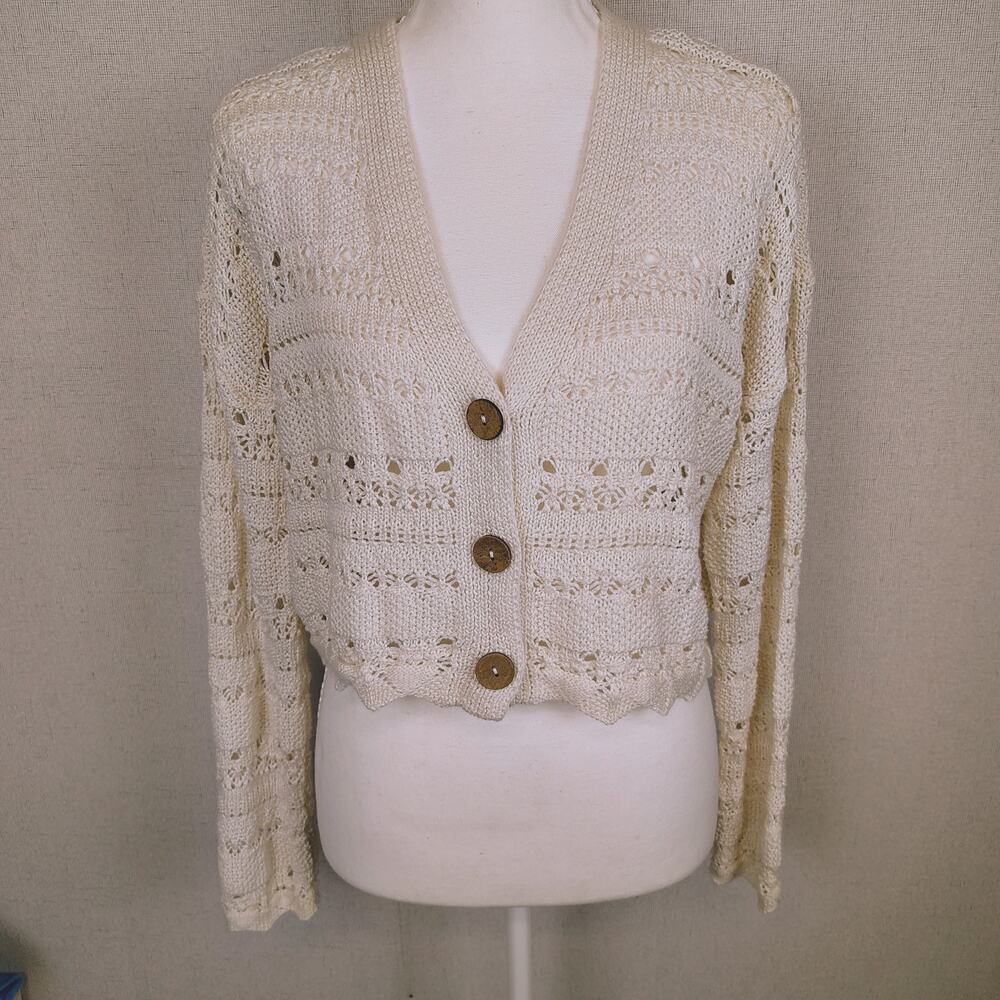 Pink Rose Cream Crochet Cardigan S Open Knit Cropped Scalloped Boho Cottagecore